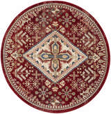 Round Nourison Karisma Brick Ivory rug with a farmhouse design. Chestnut, ivory, and blue floral pattern.