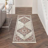 Hallway with Nourison Carina Brick Silver rug runner on wood floor. Farmhouse style with console table and neutral decor.