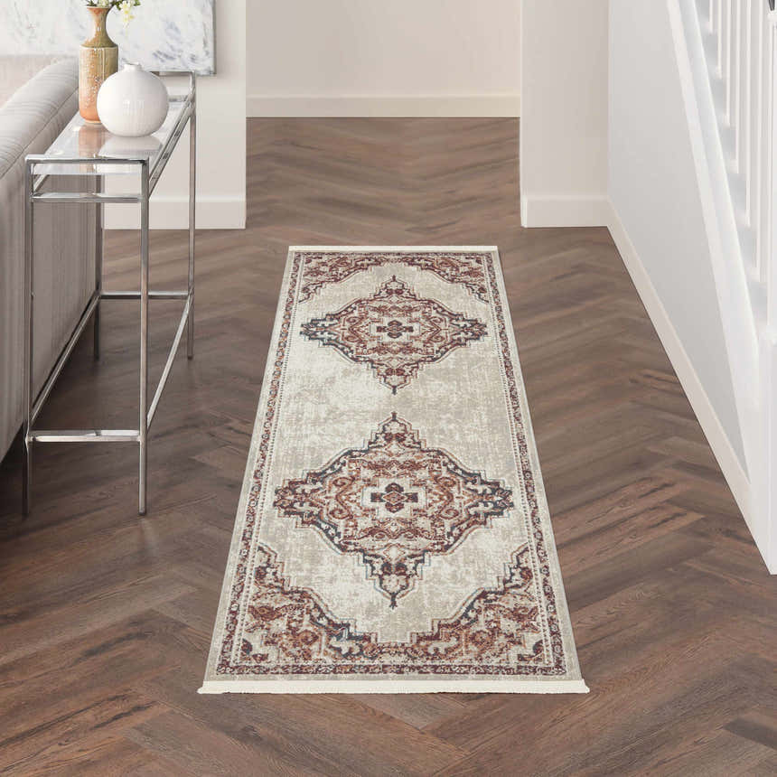 Hallway with Nourison Carina Brick Silver rug runner on wood floor. Farmhouse style with console table and neutral decor.