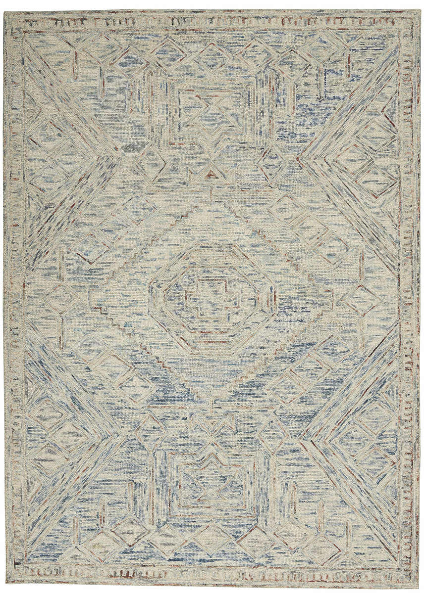 Close-up of the Nourison Interlock Blue Multicolor rug, showcasing its geometric pattern, texture, and wool construction.