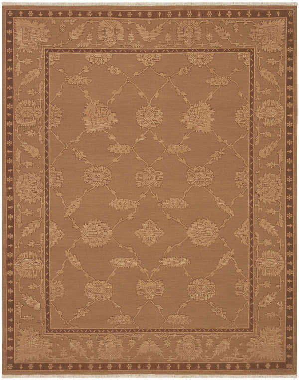 Handmade Nourison Silk Pointe Brown Vintage Area Rug with floral trellis pattern and dark brown border.