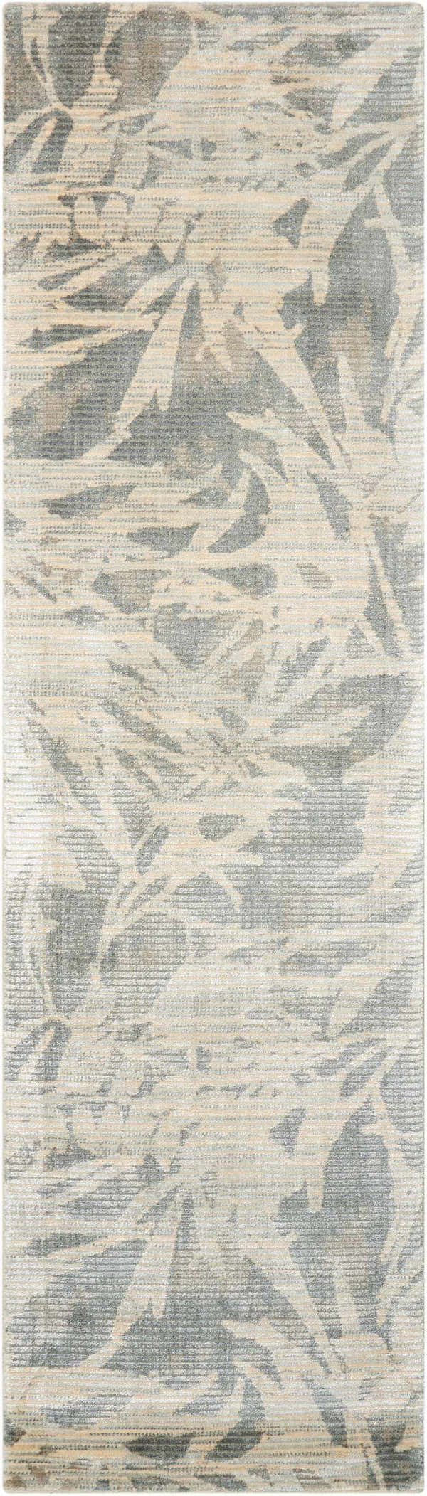 Close-up of the Calvin Klein Home Maya Zinc/Paloma rug showing its abstract zinc and paloma leaf pattern.