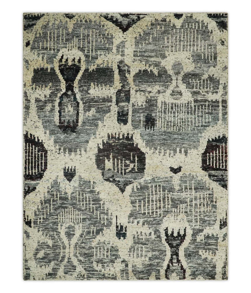 4x6 and 8x10 Hand Knotted Ivory, Charcoal and Brown Antique Persian Style Contemporary Recycled Silk Area Rug | OP46