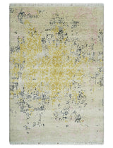 4x6 Fine Hand Knotted Gold, Gray and Ivory Modern Abstract Wool and SIlk Area Rug | AGR17