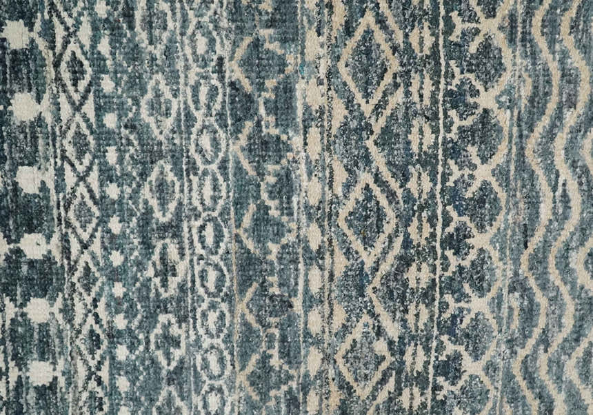 4x6 Hand Knotted Ivory, Beige and Blue Modern Contemporary Southwestern Tribal Trellis Recycled Silk Area Rug | OP55