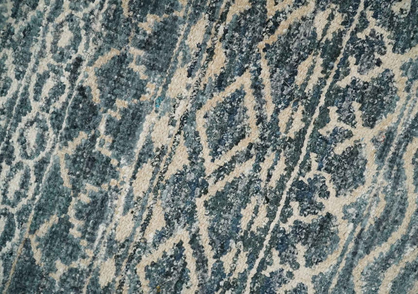 4x6 Hand Knotted Ivory, Beige and Blue Modern Contemporary Southwestern Tribal Trellis Recycled Silk Area Rug | OP55