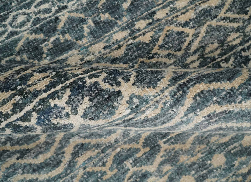 4x6 Hand Knotted Ivory, Beige and Blue Modern Contemporary Southwestern Tribal Trellis Recycled Silk Area Rug | OP55
