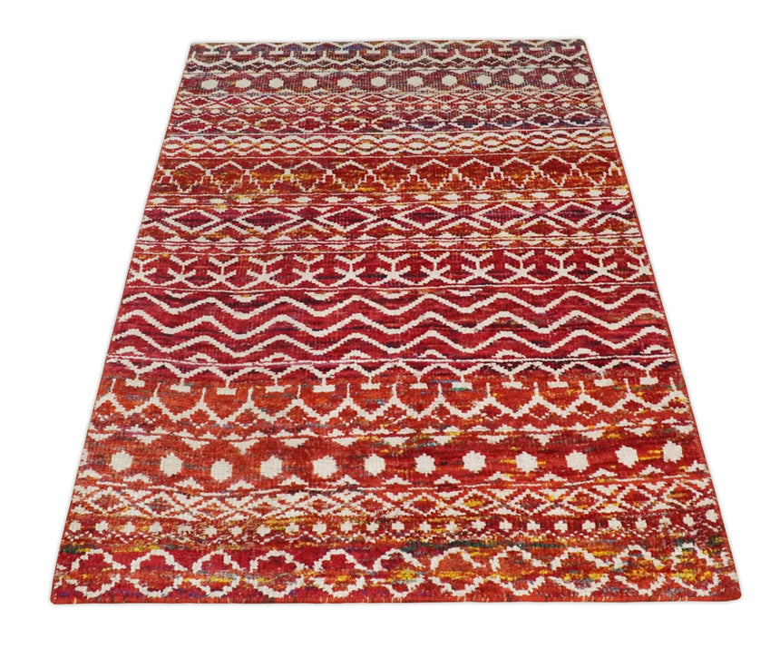 4x6 Hand Knotted Rust and Ivory Modern Contemporary Southwestern Tribal Trellis Recycled Silk Area Rug | OP60
