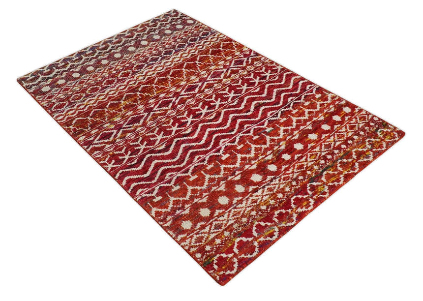 4x6 Hand Knotted Rust and Ivory Modern Contemporary Southwestern Tribal Trellis Recycled Silk Area Rug | OP60