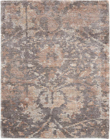 Close-up of Nourison Lucent Flint rug. Vintage design with bamboo silk-like fibers in flint, peach, and ivory hues.