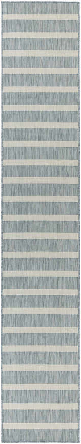 Close-up of Nourison Positano Aqua Ivory rug. Modern design with horizontal stripes in aqua and ivory. Machine-made texture.