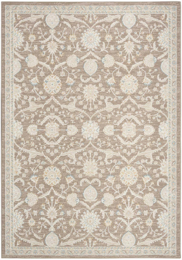 Close-up of the Nourison Isla Mocha Vintage Indoor Area Rug, featuring a light brown floral pattern and vintage style.