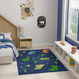 Kids bedroom with navy walls and Nourison Imagination Navy Multicolor rug featuring dinosaurs and palm trees.