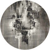 Close-up of round Nourison Twilight Grey Ivory Black rug with abstract mid-century modern design.