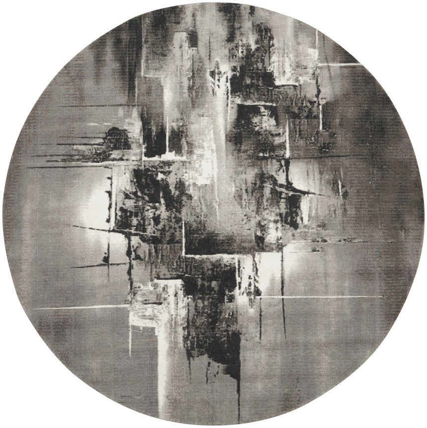 Close-up of round Nourison Twilight Grey Ivory Black rug with abstract mid-century modern design.