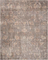 Close-up of Nourison Lucent Flint Vintage Area Rug. Bamboo silk-like fiber in flint, beige, and brown tones. Handmade.