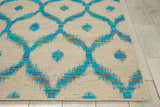 Close-up of the Nourison Spectrum Beige Turquoise rug, featuring a geometric trellis pattern and textured weave.