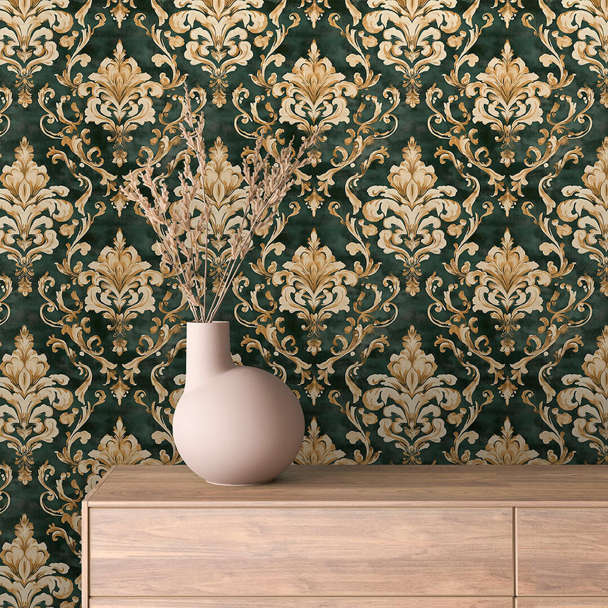 Royal Emerald & Gold Damask