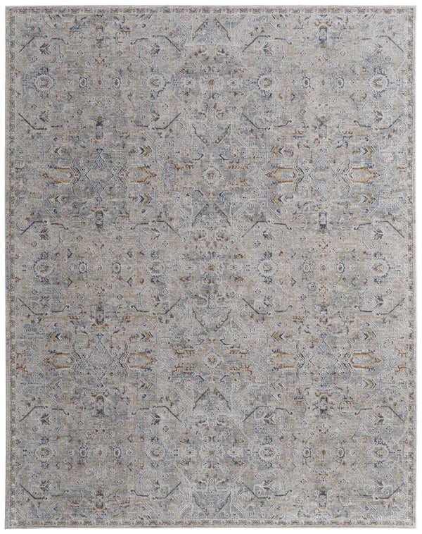 Close-up of Feizy Pasha Transitional Distressed Area Rug. Ivory, blue and tan rug with a farmhouse-style pattern. Design-Rectangle-287