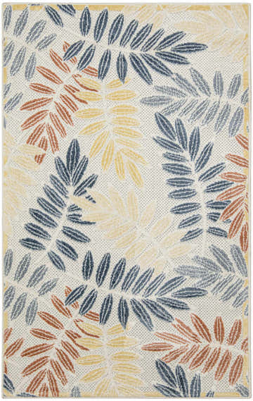 Close-up of Nourison Aloha Ivory Blue rug featuring a chestnut, blue, and ivory leaf pattern.