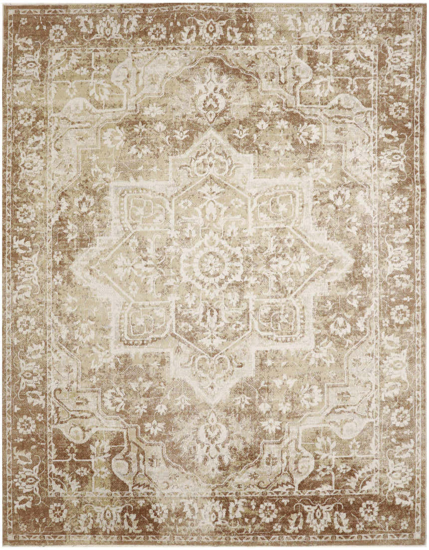 Close-up of the Nourison Astra Rust Vintage Area Rug, showcasing its distressed floral pattern and warm, neutral tones.