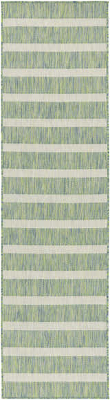 Close-up of Nourison Positano Blue Green Ivory rug featuring a striped pattern and textured weave.