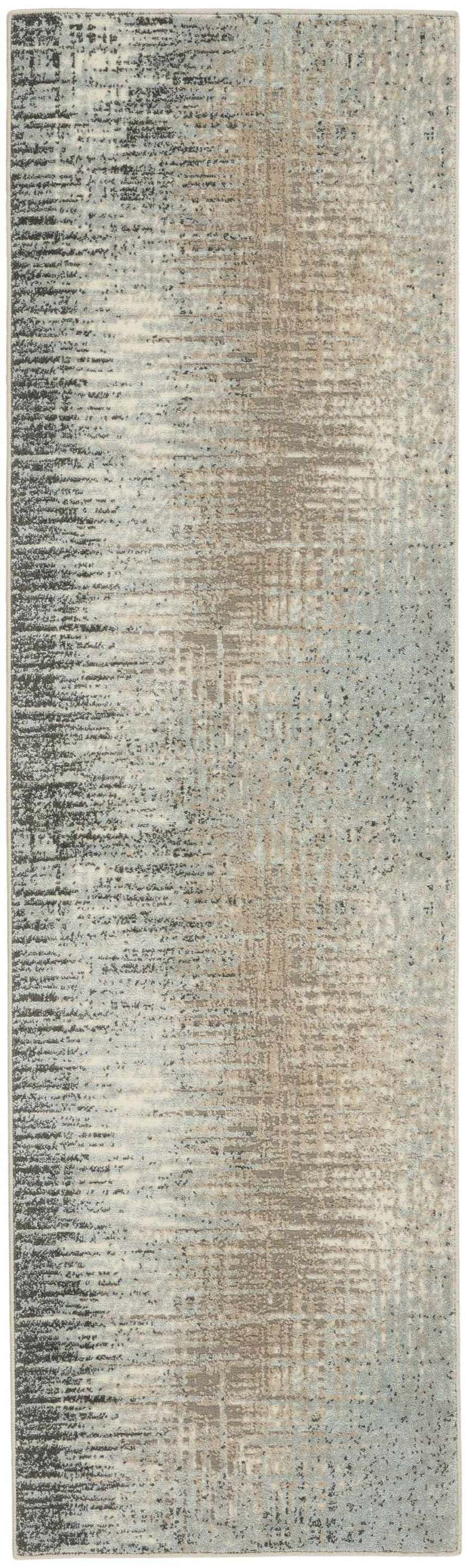 Close-up of Nourison Marmara Teal/Grey rug. Contemporary design with teal, gray, and beige hues. Abstract pattern.