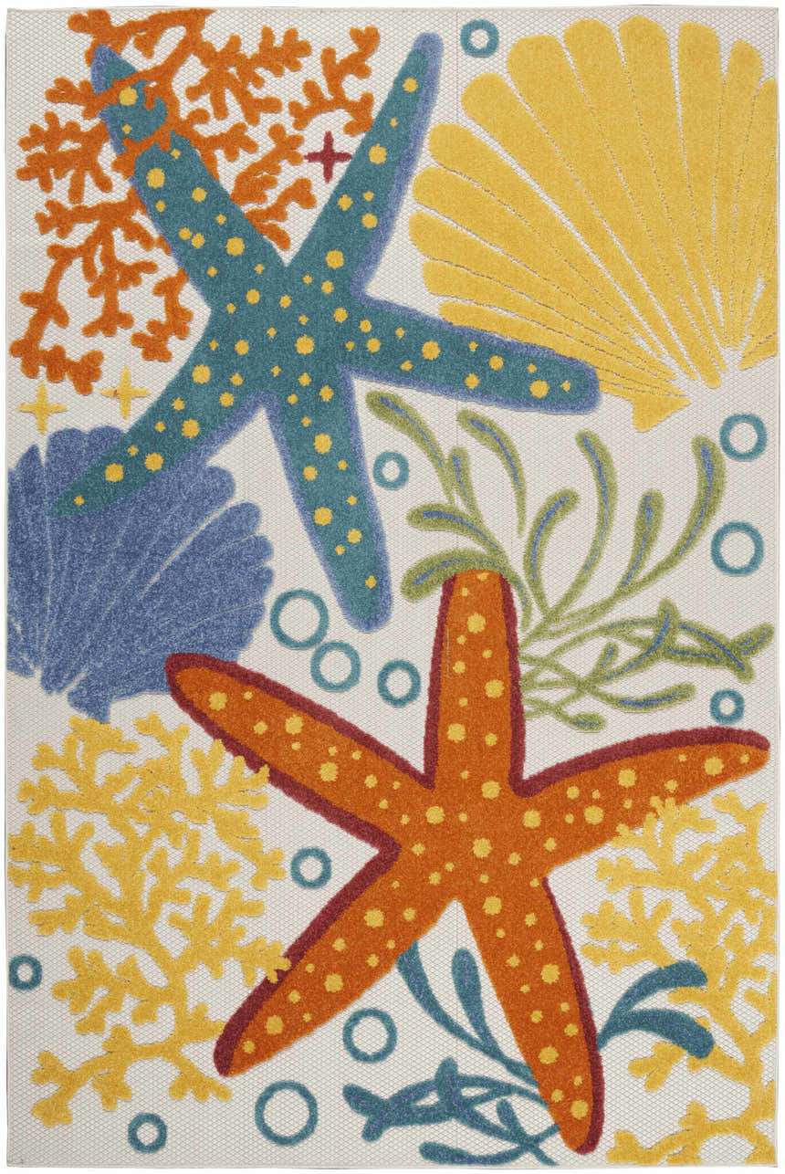 Close-up of the Nourison Aloha Multicolor rug with starfish, coral and shells on a white background. Coastal style.