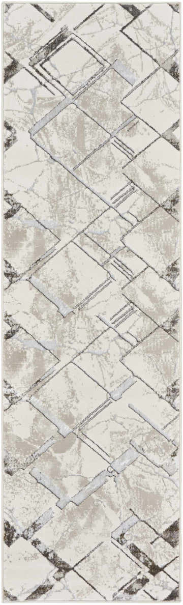 Close-up of Nourison Glitz Ivory Grey Rug. Modern design with chestnut, grey, and ivory geometric shapes and textured pattern.