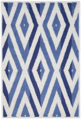 Close-up of Nourison Whimsicle Ivory Blue rug featuring a modern diamond pattern in shades of blue and white. Clearance item.