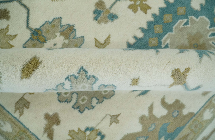 Hand Knotted Ivory, Beige and Teal Antique look Traditional Oushak Multi Size Wool Area Rug