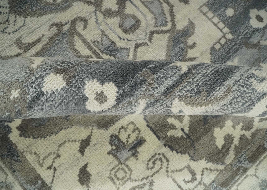 Custom Made Hand Knotted Ivory, Charcoal and Gray Traditional Medallion Natural Wool Area Rug, Kids, Living Room and Bedroom Rug