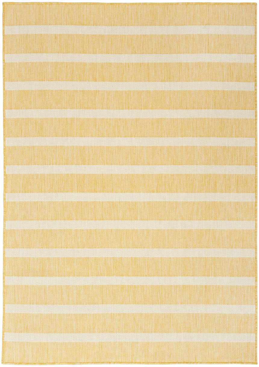 Close-up of the Nourison Positano Yellow Ivory Area Rug featuring a striped pattern and textured weave.