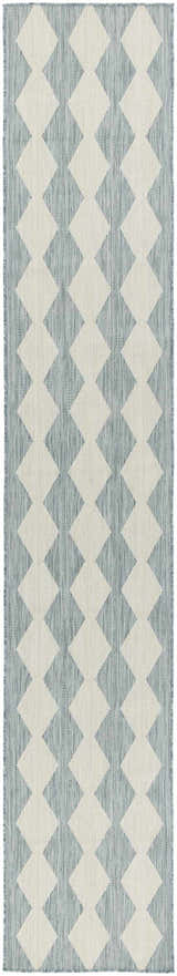 Close-up of Nourison Positano Aqua Modern Area Rug. Aqua rug with a geometric diamond pattern in white.