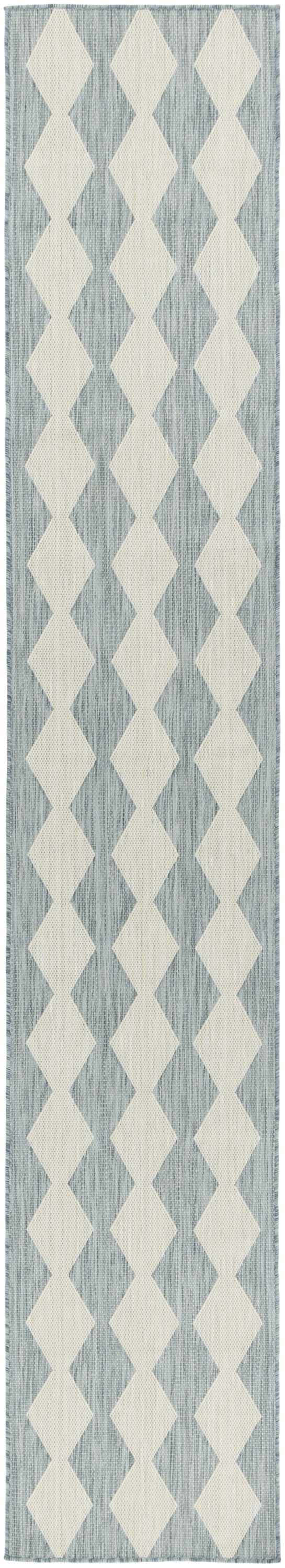 Close-up of Nourison Positano Aqua Modern Area Rug. Aqua rug with a geometric diamond pattern in white.