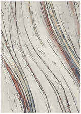 Close-up of Nourison Motion Ivory Multicolor rug featuring chestnut, blue, and gold linear patterns on a low pile.