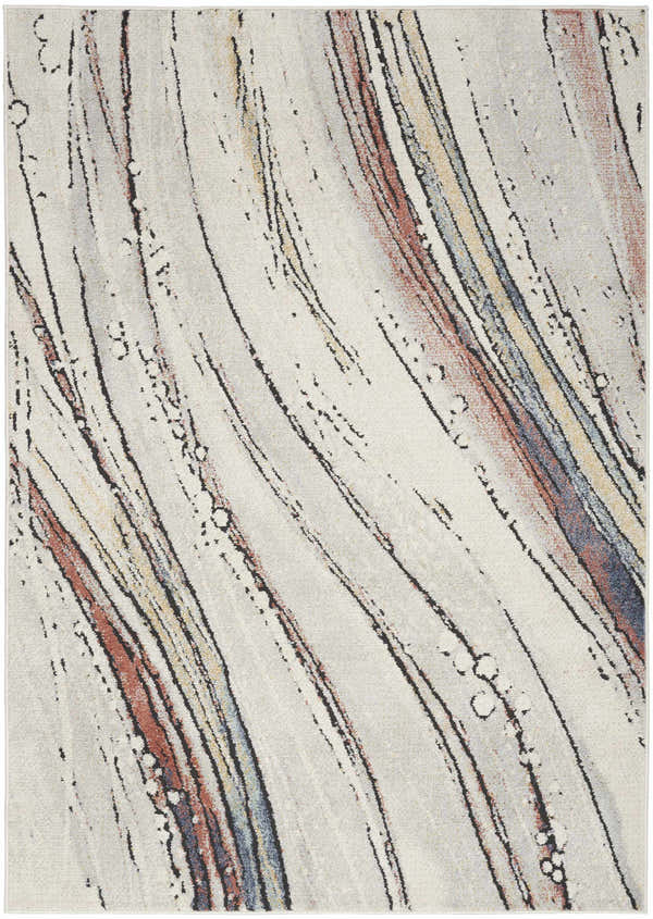 Close-up of Nourison Motion Ivory Multicolor rug featuring chestnut, blue, and gold linear patterns on a low pile.
