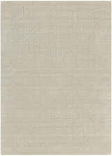 Close-up of the Nourison Alessia Sage Rug. Muted sage wool with a geometric mid-century modern pattern. Handmade texture.