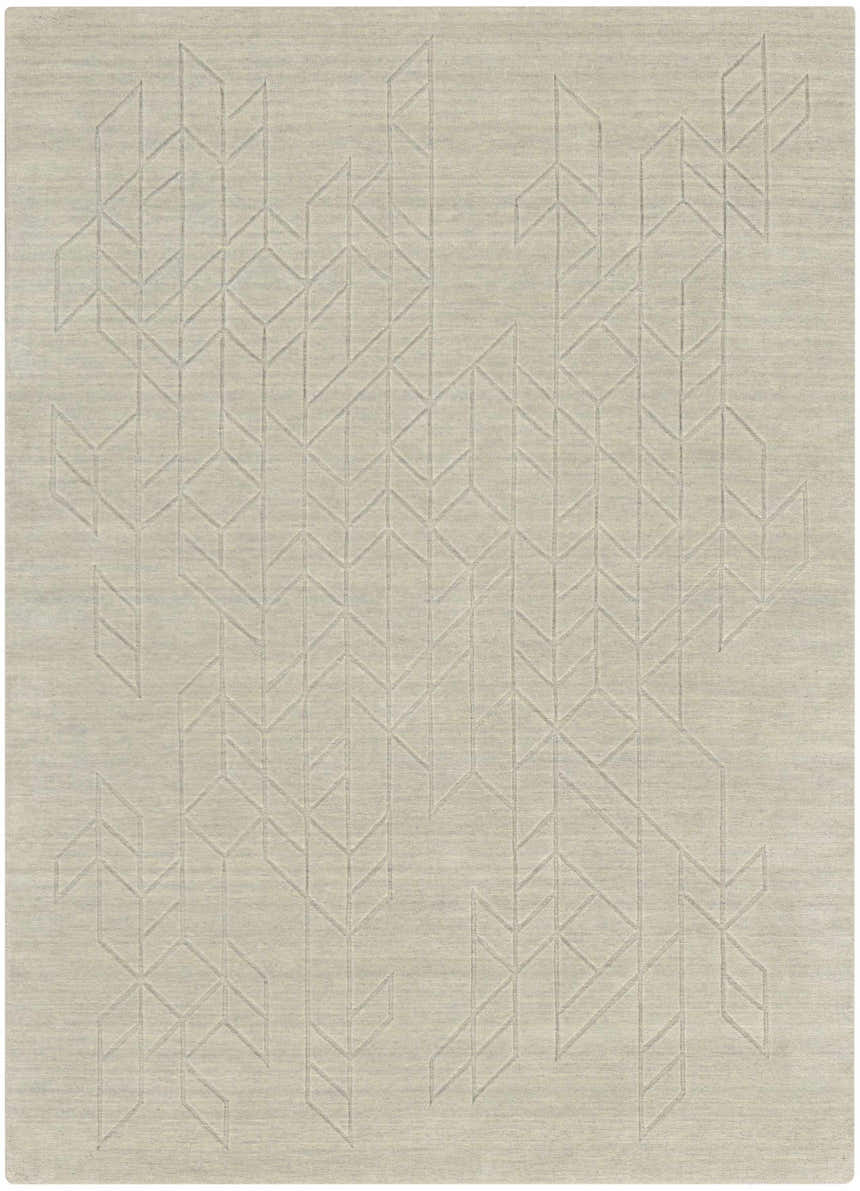 Close-up of the Nourison Alessia Sage Rug. Muted sage wool with a geometric mid-century modern pattern. Handmade texture.