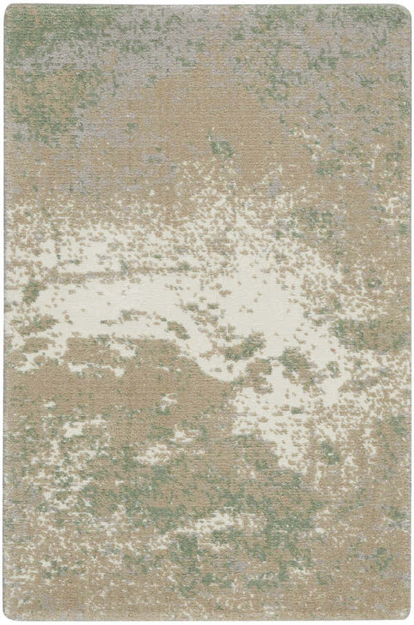 Close-up of the Nourison Twilight Ivory Green rug, featuring a chestnut, ivory, and green abstract pattern.