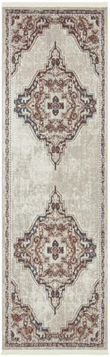 Close-up of Nourison Carina Brick Silver rug. Farmhouse style with brick, brown, and silver medallion pattern.