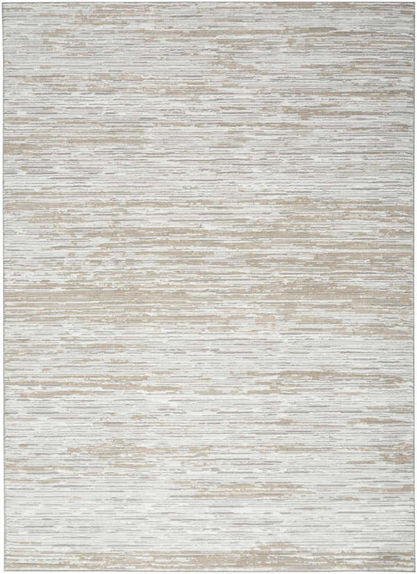 Close-up of Nourison Dew Silver Beige Rug with horizontal beige and gray striations.