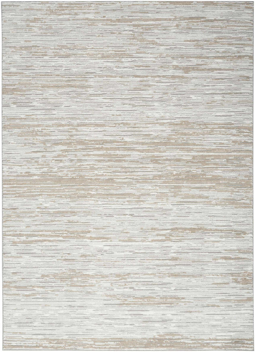 Close-up of Nourison Dew Silver Beige Rug with horizontal beige and gray striations.