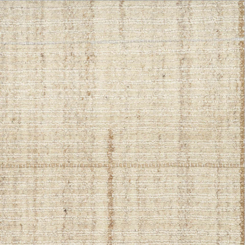 Close-up of Calvin Klein CK041 Architectura Natural Farmhouse rug. Handmade wool rug in brick red with horizontal stripes.