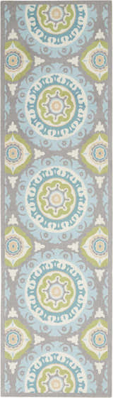 Close-up of Waverly Sun N' Shade Jade rug. Coastal runner with medallions in jade, blue, green, and beige on a gray background.