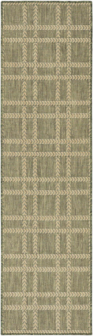 Close-up of Nourison Horizon Green rug. Modern, machine-made rug with a geometric plaid pattern. Perfect for indoor or outdoor use.