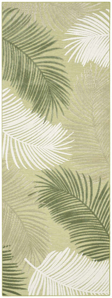 Close-up of Nourison Suncoast Green Tropical Area Rug, featuring a palm leaf pattern in shades of green and white.