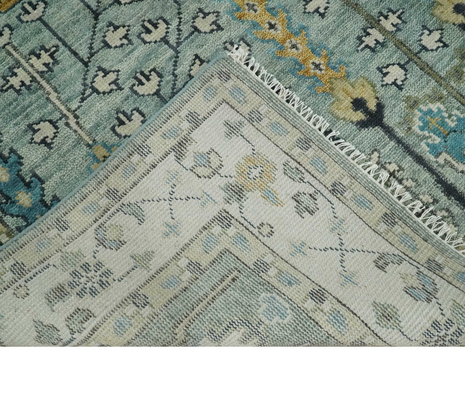 Hand Knotted Traditional Blue and Ivory Antique Oushak Custom Made Wool Area Rug