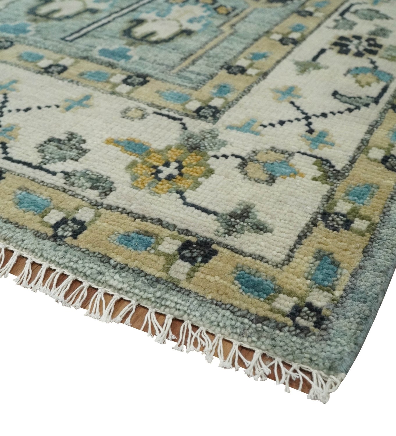 Hand Knotted Traditional Blue and Ivory Antique Oushak Custom Made Wool Area Rug