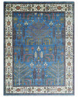 Tree of life Traditional Hand Knotted Blue and Ivory Multi Size Wool area Rug